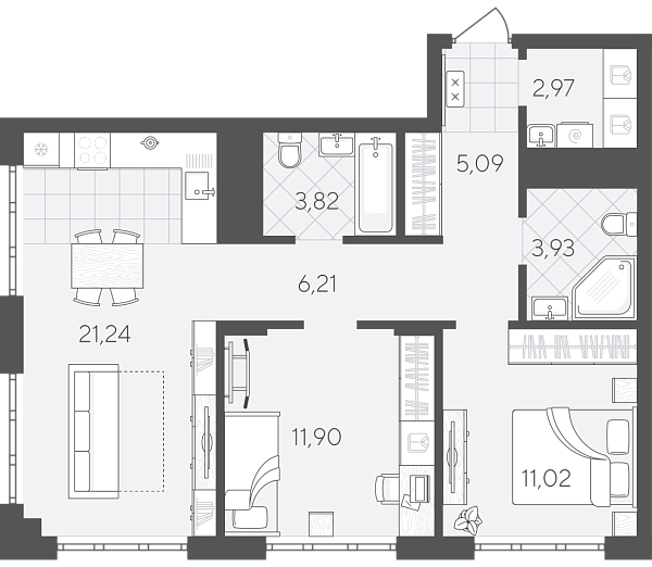 Новая 2-к квартира
 66.18 м² на 11/24 этаже в ЖК «Скандиа. Квартал в Слободе» в городе Тюмень 