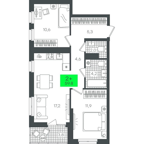 Новая 2-к квартира
 59.84 м² на 15/22 этаже в ЖК «Гранд Квартал» в городе Тюмень 