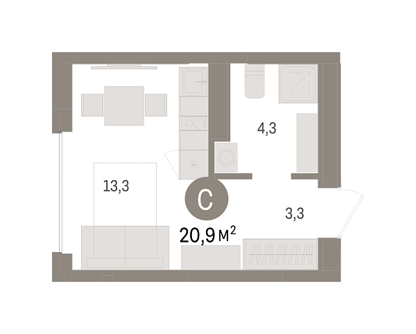 Новая квартира-студия
 20.91 м² на 2/4 этаже в ЖК «Европейский квартал» в городе Тюмень 
