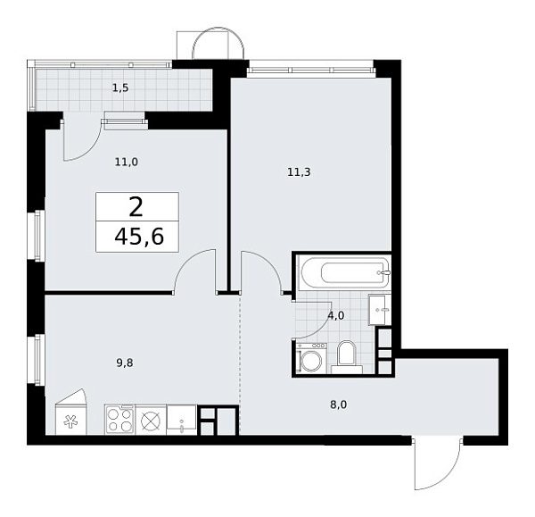 Новая 2-к квартира
 45.6 м² на 10/10 этаже в ЖК «Родные кварталы» в городе Тюмень 