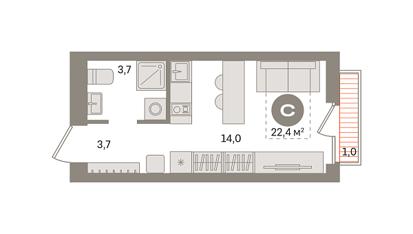 Новая квартира-студия
 22.42 м² на 12/17 этаже в ЖК «Первый квартал» в городе Тюмень 