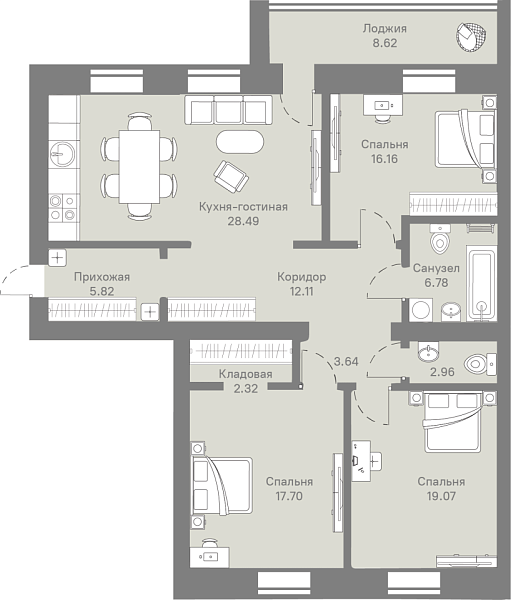 Новая 3-к квартира
 114.78 м² на 9/9 этаже в ЖК «Ария» в городе Тюмень 