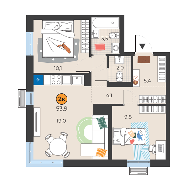 Новая 2-к квартира
 53.9 м² на 17/25 этаже в ЖК «Корней» в городе Тюмень 