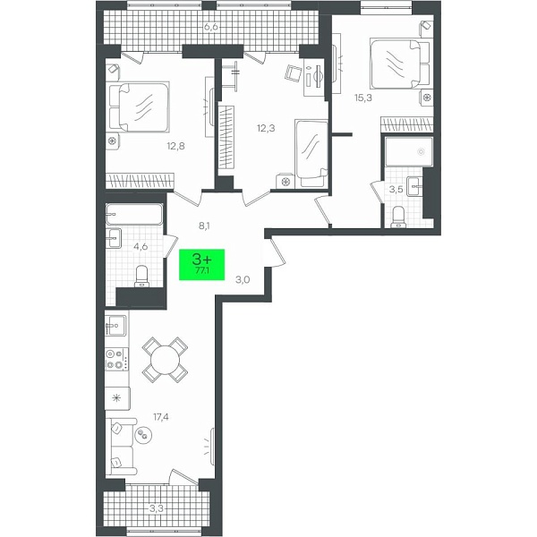 Новая 3-к квартира
 87.21 м² на 14/16 этаже в ЖК «Гранд Квартал» в городе Тюмень 