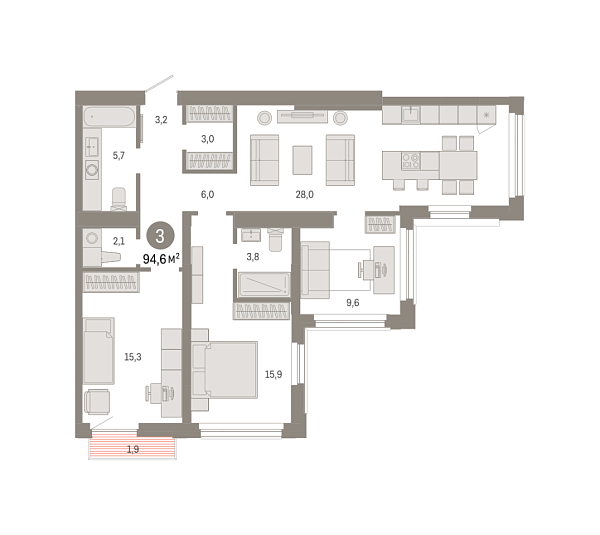 Новая 3-к квартира
 94.6 м² на 15/25 этаже в ЖК «Зарека» в городе Тюмень 