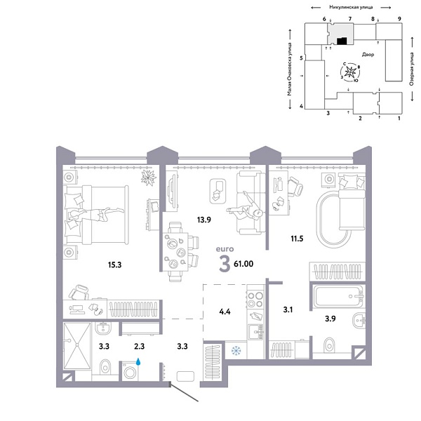 Новая 3-к квартира
 61 м² на 28/30 этаже в ЖК «Страна.Озёрная» в городе Тюмень 