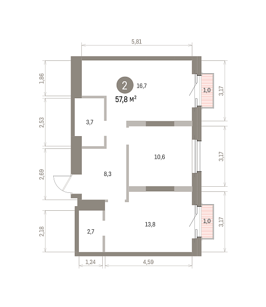 Количество комнат: 2,  57.8 кв.м.