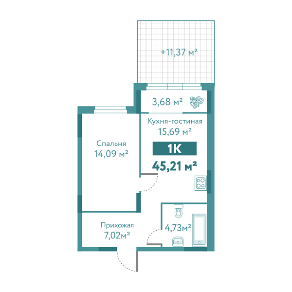 Новая 1-к квартира
 45.21 м² на 1/10 этаже в ЖК «Акватория» в городе Тюмень 