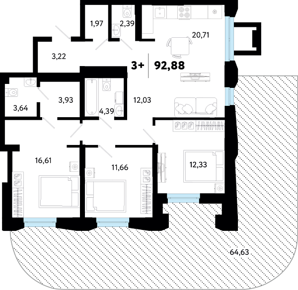 Новая 3-к квартира
 92.88 м² на 1/16 этаже в ЖК «Кедровый берег» в городе Тюмень 
