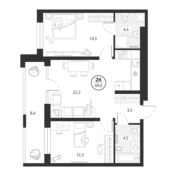 Новая 2-к квартира
 69.6 м² на 2/22 этаже в ЖК «Маэстро» в городе Тюмень 