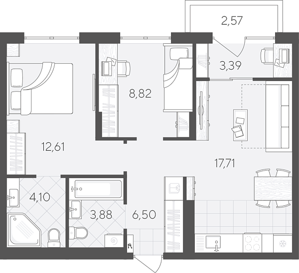 Новая 2-к квартира
 59.58 м² на 6/9 этаже в ЖК «Скандиа. Квартал в Комарово Парк» в городе Тюмень 