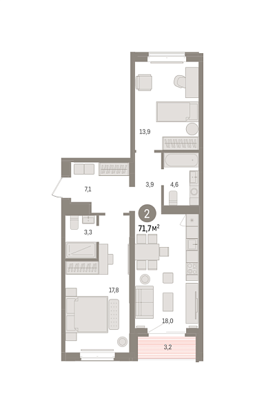 Новая 2-к квартира
 71.73 м² на 6/8 этаже в ЖК «Кварталы «На Минской»» в городе Тюмень 