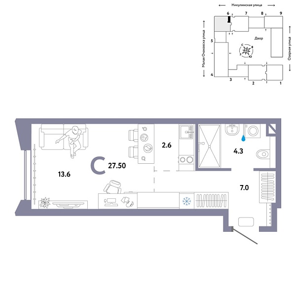 Новая квартира-студия
 27.5 м² на 13/30 этаже в ЖК «Страна.Озёрная» в городе Тюмень 
