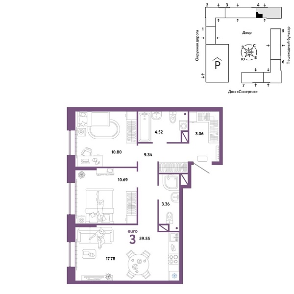 Новая 3-к квартира
 59.55 м² на 10/16 этаже в ЖК «Юнион» в городе Тюмень 
