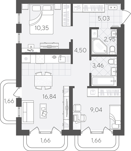 Новая 2-к квартира
 57.15 м² на 15/24 этаже в ЖК «Скандиа. Квартал в Слободе» в городе Тюмень 
