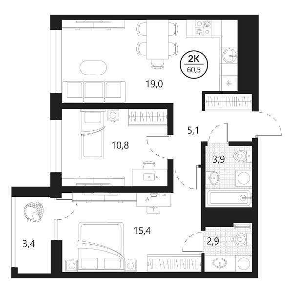 Новая 2-к квартира
 60.5 м² на 12/22 этаже в ЖК «Маэстро» в городе Тюмень 