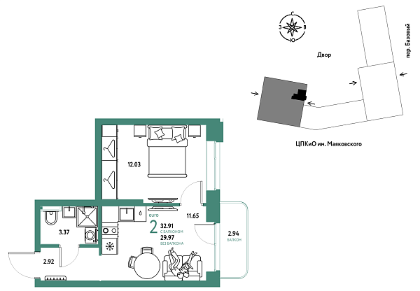 Новая 2-к квартира
 32.91 м² на 12/25 этаже в ЖК «Сибирский сад» в городе Тюмень 