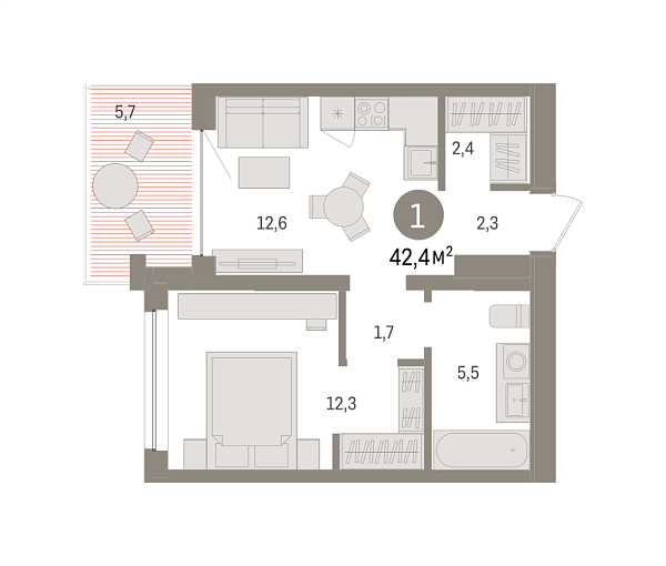 Новая 1-к квартира
 42.42 м² на 4/8 этаже в ЖК «Европейский квартал» в городе Тюмень 