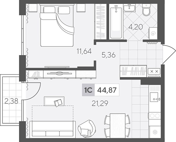 Новая 1-к квартира
 44.87 м² на 2/4 этаже в ЖК «Скандиа. Квартал у Озера» в городе Тюмень 