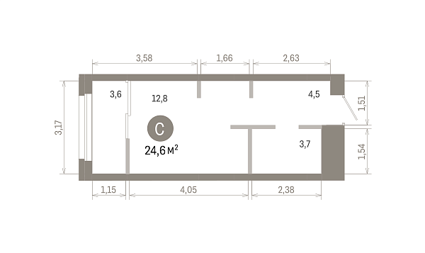 Количество комнат: Студия,  24.55 кв.м.