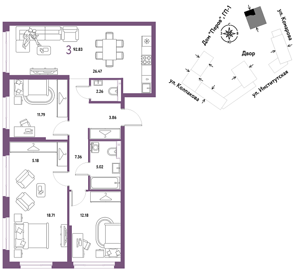 Новая 3-к квартира
 92.83 м² на 20/25 этаже в ЖК «Страна.Парковая» в городе Тюмень 