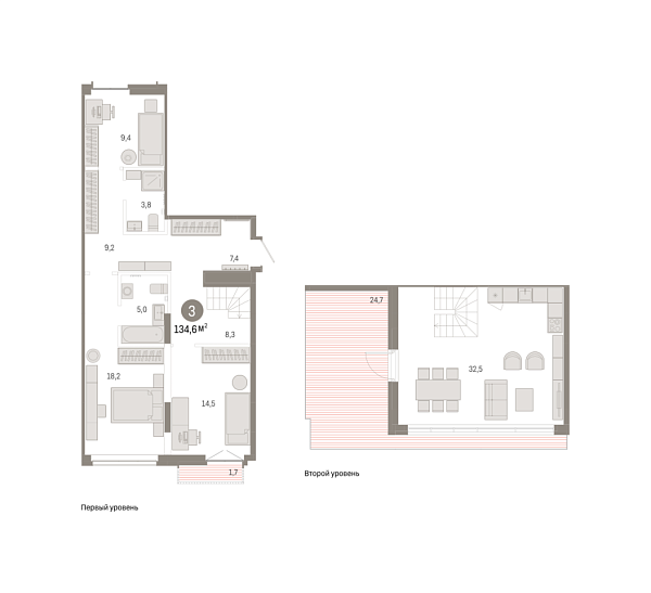 Новая 3-к квартира
 134.59 м² на 7/7 этаже в ЖК «Республики 205» в городе Тюмень 