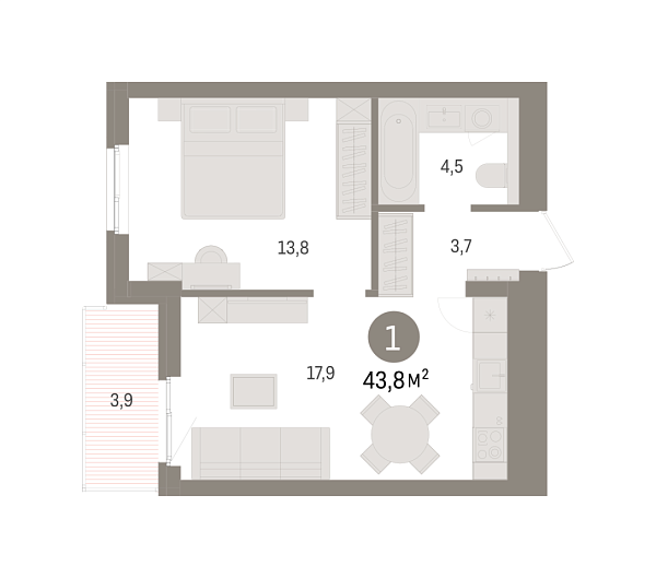Новая 1-к квартира
 43.75 м² на 6/8 этаже в ЖК «Брусника в Новоселье» в городе Тюмень 