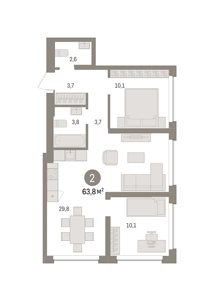 Новая 2-к квартира
 63.82 м² на 2/8 этаже в ЖК «Европейский квартал» в городе Тюмень 