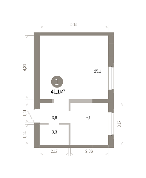 Количество комнат: 1,  41.07 кв.м.