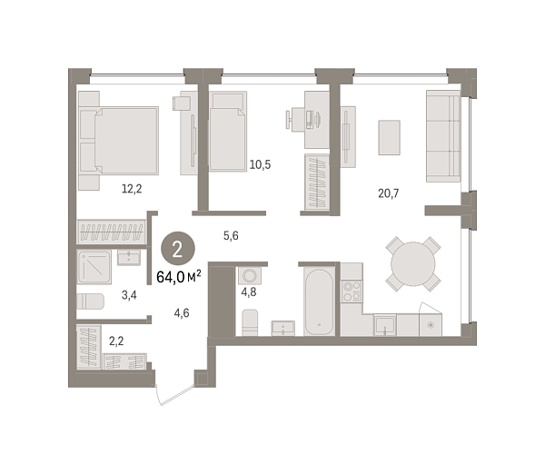 Новая 2-к квартира
 63.97 м² на 2/8 этаже в ЖК «Европейский квартал» в городе Тюмень 