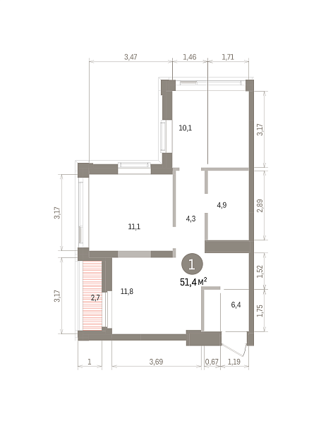 Количество комнат: 1,  51.38 кв.м.