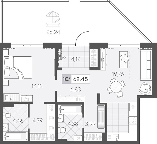 Новая 1-к квартира
 69.53 м² на 1/4 этаже в ЖК «Скандиа. Квартал у Озера» в городе Тюмень 