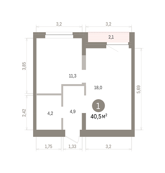 Количество комнат: 1,  40.5 кв.м.
