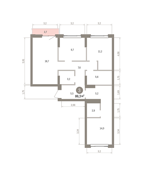 Количество комнат: 3,  86.3 кв.м.