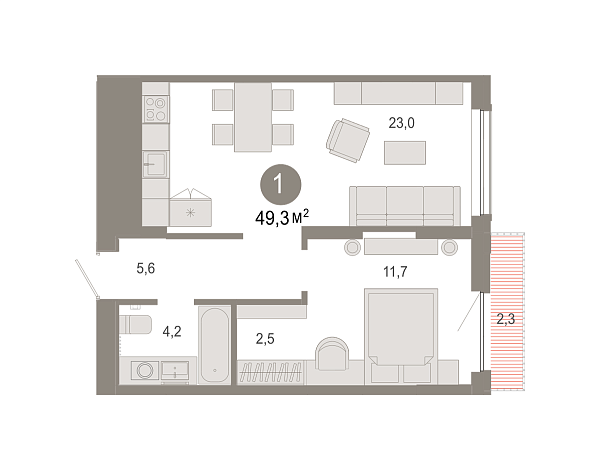 Новая 1-к квартира
 49.29 м² на 3/17 этаже в ЖК «Октябрьский на Туре» в городе Тюмень 