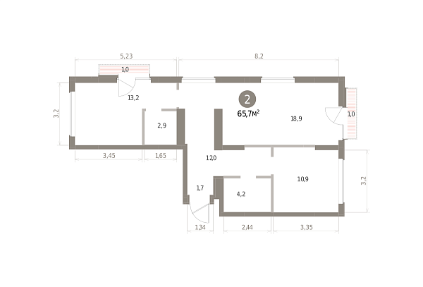 Количество комнат: 2,  65.7 кв.м.