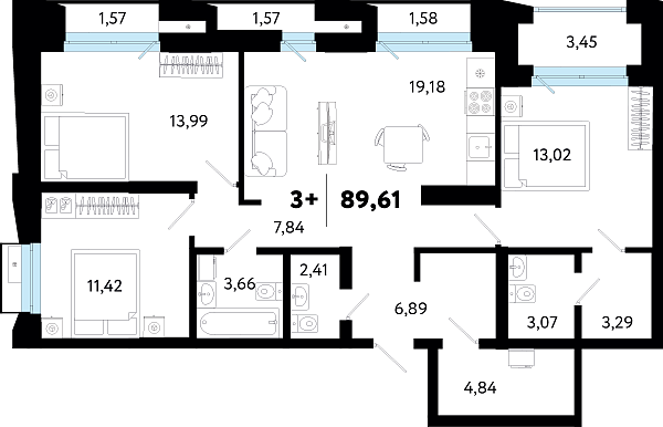 Новая 3-к квартира
 89.61 м² на 2/16 этаже в ЖК «Кедровый берег» в городе Тюмень 