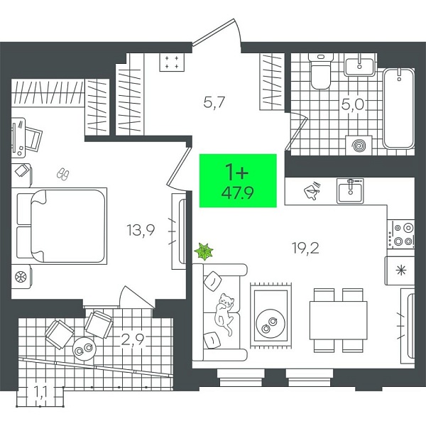Новая 1-к квартира
 47.98 м² на 4/12 этаже в ЖК «Гранд Квартал» в городе Тюмень 