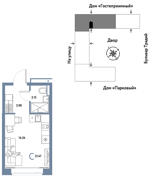 Новая квартира-студия
 21.47 м² на 2/15 этаже в ЖК «Домашний» в городе Тюмень 
