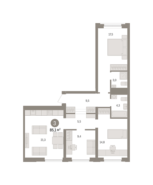 Новая 3-к квартира
 85.1 м² на 3/10 этаже в ЖК «Речной порт» в городе Тюмень 