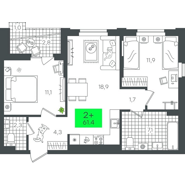 Новая 2-к квартира
 61.44 м² на 5/12 этаже в ЖК «Гранд Квартал» в городе Тюмень 