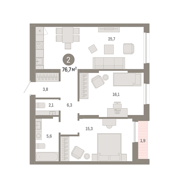 Новая 2-к квартира
 76.73 м² на 16/17 этаже в ЖК «Республики 205» в городе Тюмень 