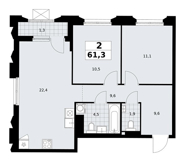 Новая 2-к квартира
 61.3 м² на 17/17 этаже в ЖК «Деснаречье» в городе Тюмень 