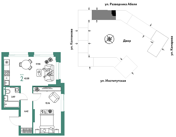 Новая 2-к квартира
 43.5 м² на 3/26 этаже в ЖК «Страна.Парковая» в городе Тюмень 
