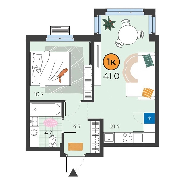 Новая 1-к квартира
 41 м² на 6/25 этаже в ЖК «Корней» в городе Тюмень 