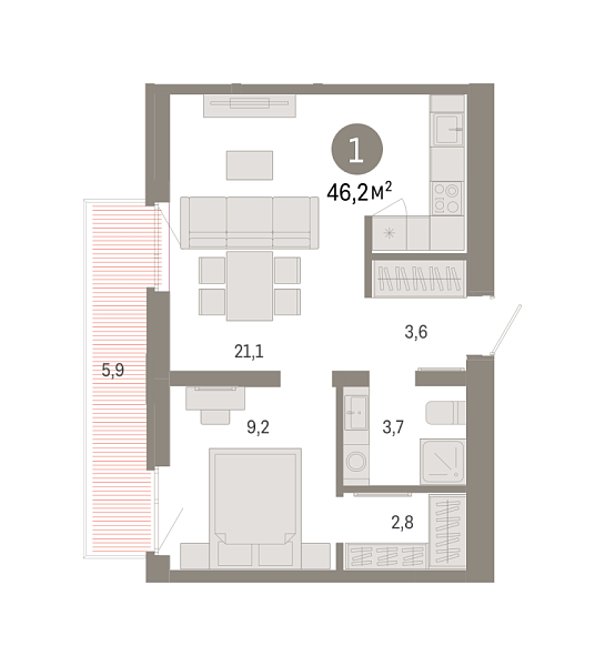 Новая 1-к квартира
 46.15 м² на 4/9 этаже в ЖК «Республики 205» в городе Тюмень 