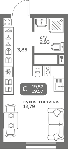 Новая квартира-студия
 19.57 м² на 13/20 этаже в ЖК «Меридиан Слобода» в городе Тюмень 