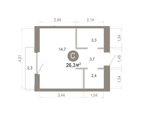 Количество комнат: Студия,  26.3 кв.м.