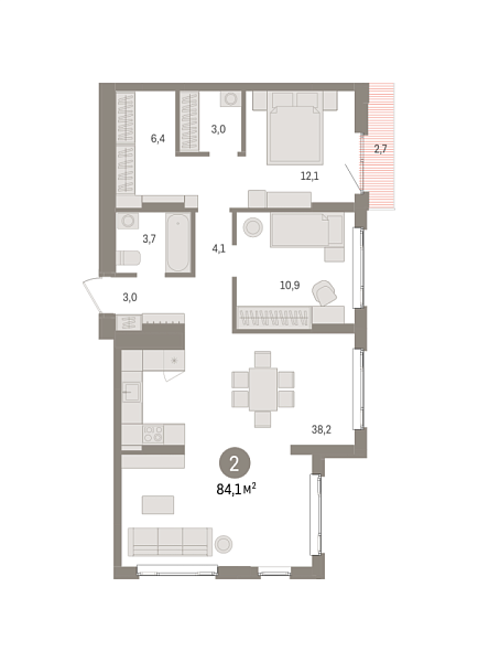 Новая 2-к квартира
 84.1 м² на 14/16 этаже в ЖК «Квартал «Траектория»» в городе Тюмень 