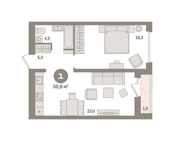 Новая 1-к квартира
 50.88 м² на 16/17 этаже в ЖК «Новин» в городе Тюмень 